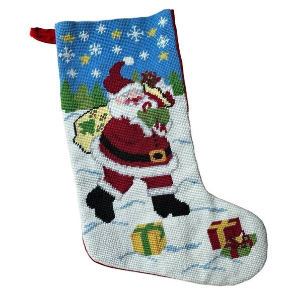 Vintage Wool Needlepoint Christmas Stocking Santa Toys Red Velvet Back Sz 18" L - Picture 1 of 9